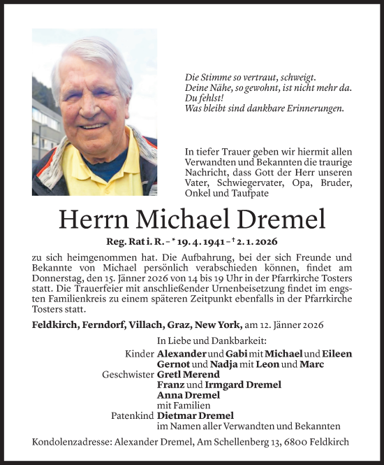 Todesanzeige von Michael Dremel von Vorarlberger Nachrichten