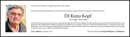 Todesanzeige von Kuno Kopf von Vorarlberger Nachrichten