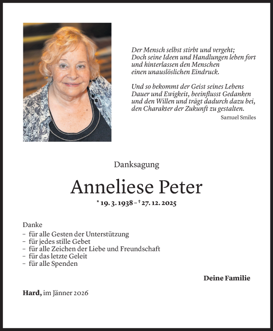 Todesanzeige von Anneliese Anna Elisabeth Peter von Vorarlberger Nachrichten