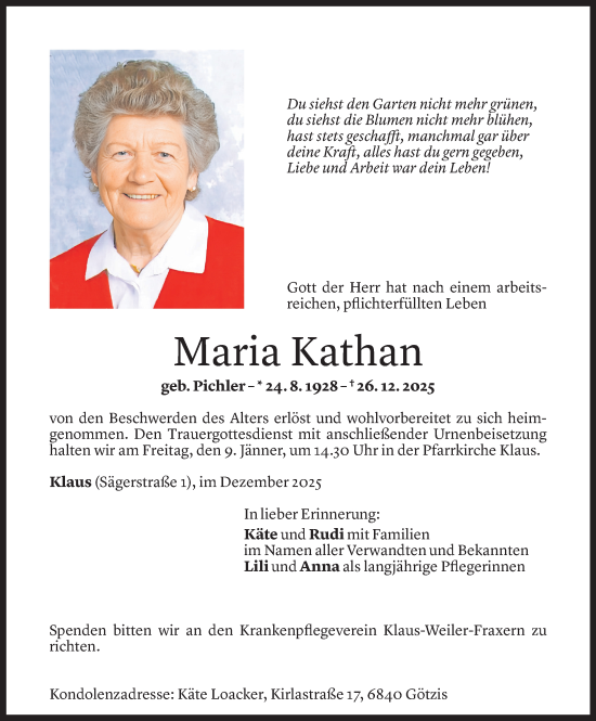 Todesanzeige von Maria Kathan von Vorarlberger Nachrichten