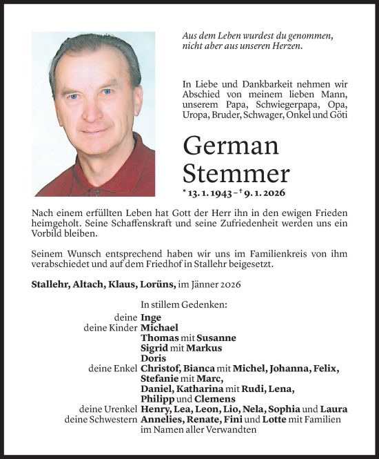 Todesanzeige von German Stemmer von Vorarlberger Nachrichten