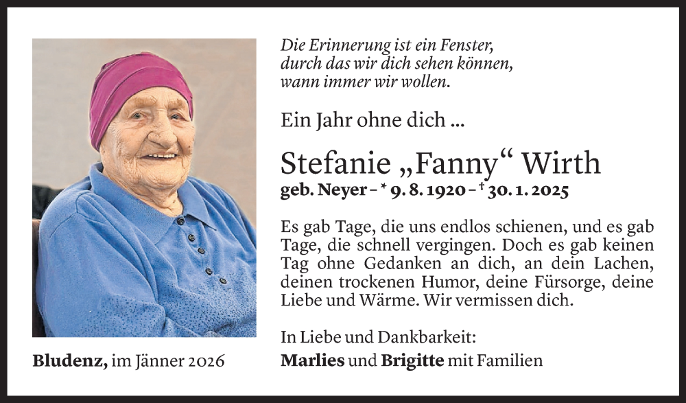  Todesanzeige für Stefanie Wirth vom 29.01.2026 aus Vorarlberger Nachrichten