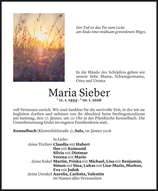 Todesanzeige von Maria Sieber von Vorarlberger Nachrichten