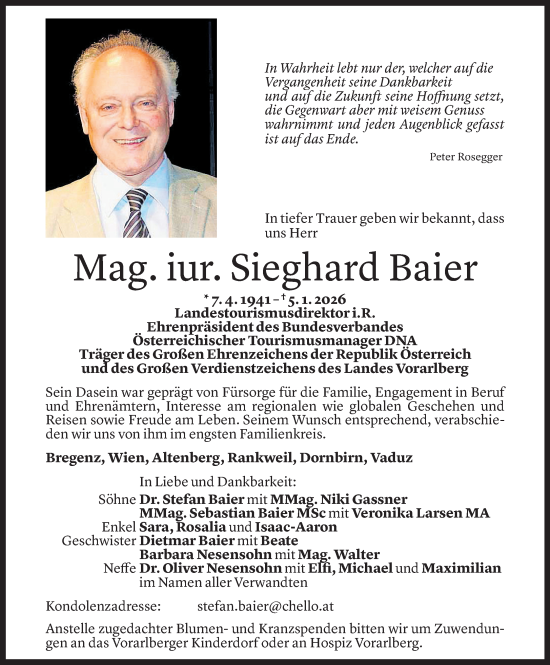 Todesanzeige von Sieghard Baier von Vorarlberger Nachrichten