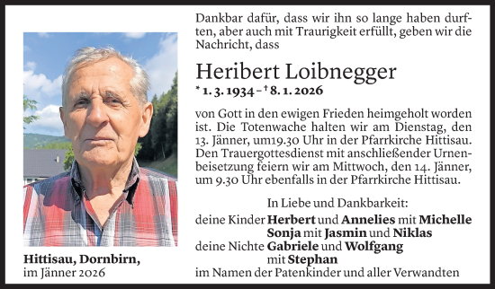 Todesanzeige von Heribert Loibnegger von Vorarlberger Nachrichten