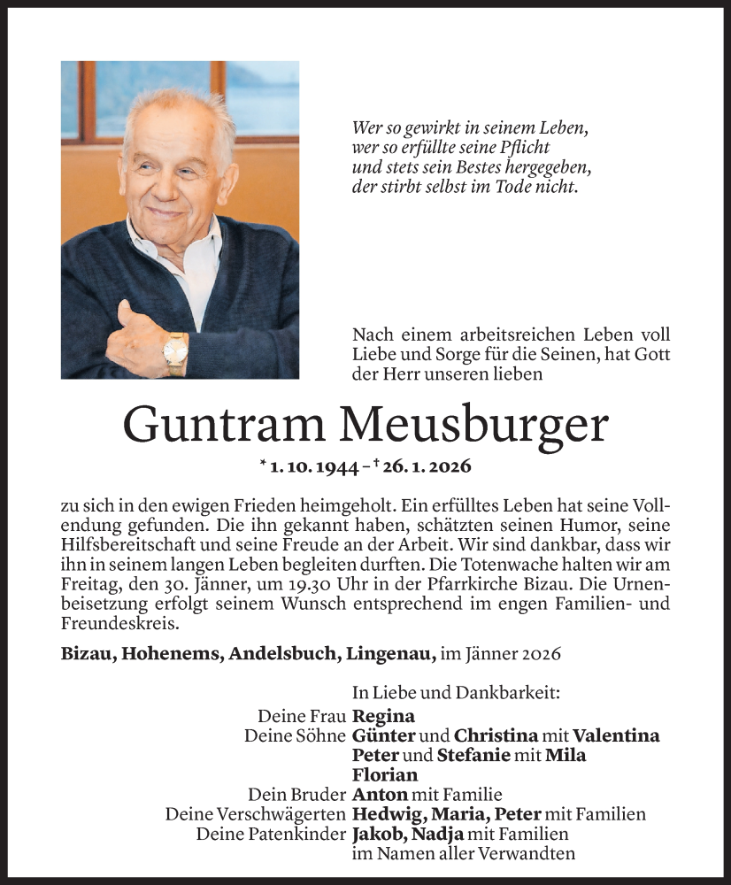  Todesanzeige für Guntram Meusburger vom 27.01.2026 aus Vorarlberger Nachrichten