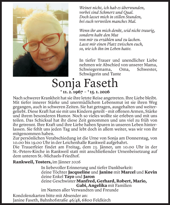 Todesanzeige von Sonja Faseth von Vorarlberger Nachrichten