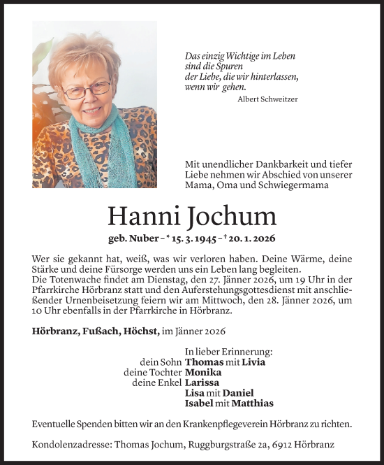Todesanzeige von Hanni Jochum von Vorarlberger Nachrichten
