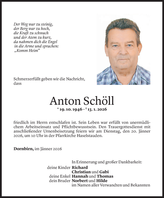 Todesanzeige von Anton Schöll von Vorarlberger Nachrichten