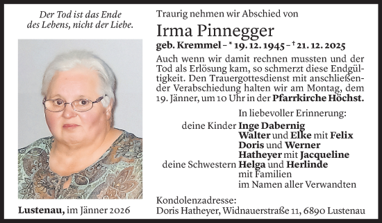 Todesanzeige von Irma PInnegger von Vorarlberger Nachrichten