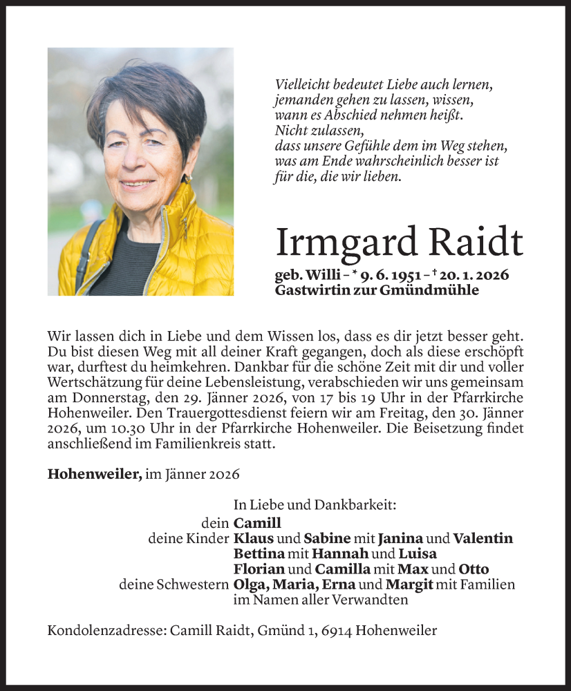  Todesanzeige für Irmgard Raidt vom 22.01.2026 aus Vorarlberger Nachrichten