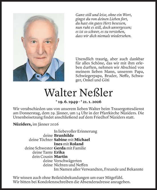Todesanzeige von Walter Neßler von Vorarlberger nachrichten