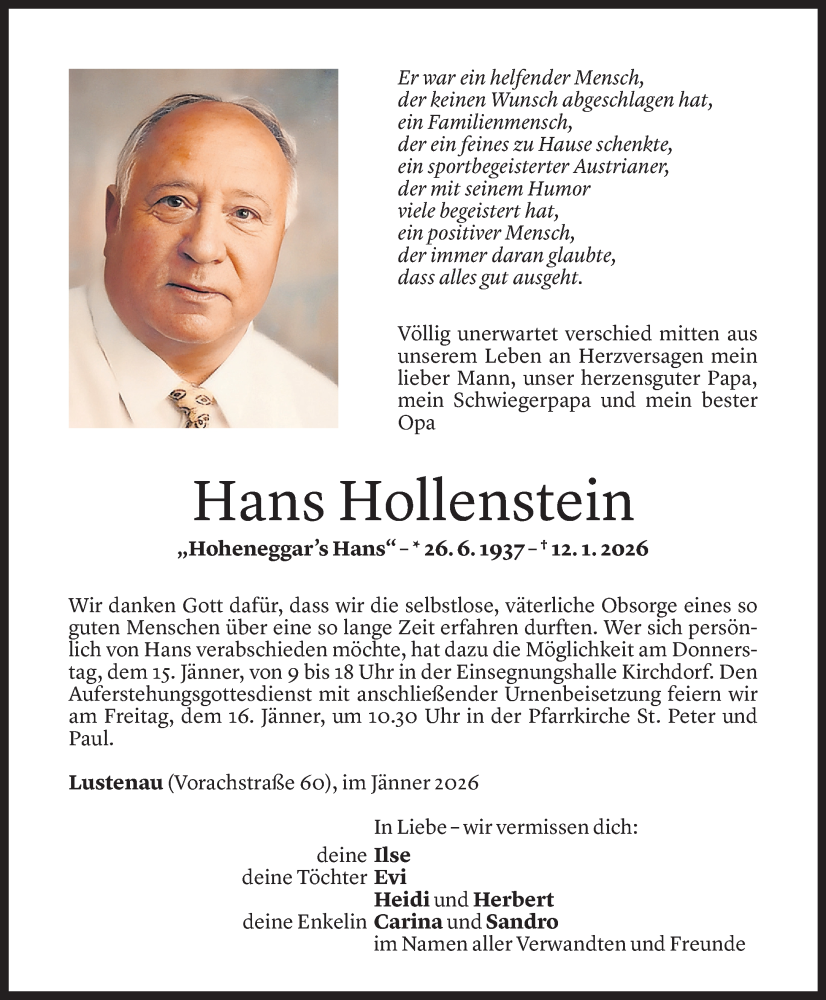  Todesanzeige für Hans Hollenstein vom 13.01.2026 aus Vorarlberger Nachrichten