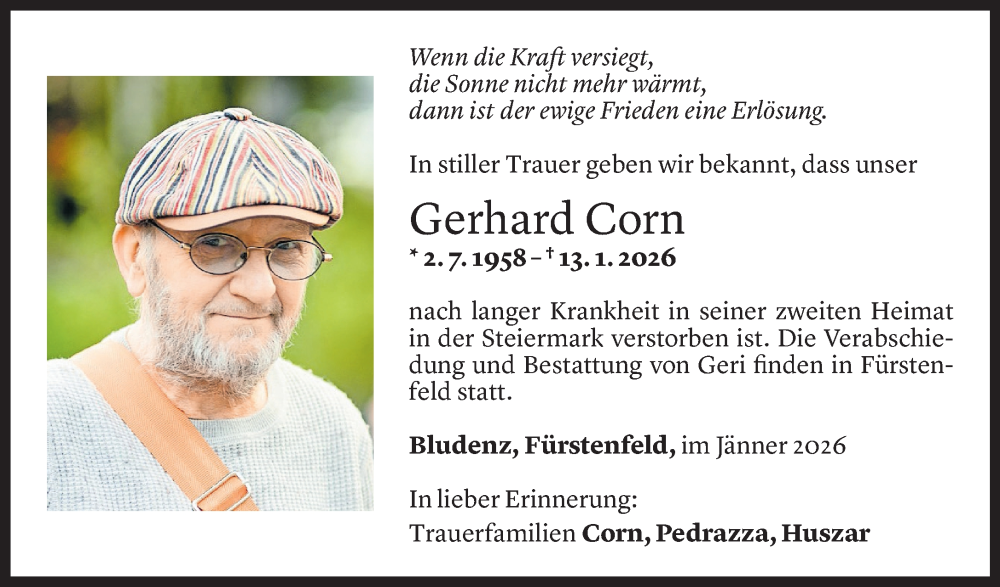  Todesanzeige für Gerhard Corn vom 27.01.2026 aus Vorarlberger Nachrichten
