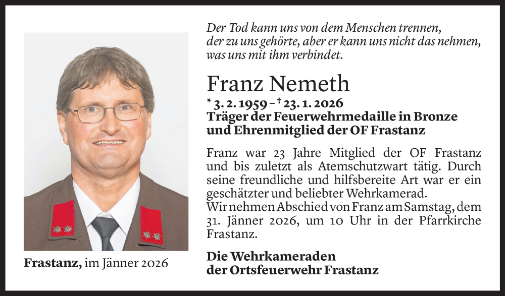  Todesanzeige für Franz Nemeth vom 26.01.2026 aus Vorarlberger Nachrichten