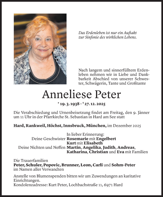 Todesanzeige von Anneliese Anna Elisabeth Peter von Vorarlberger Nachrichten