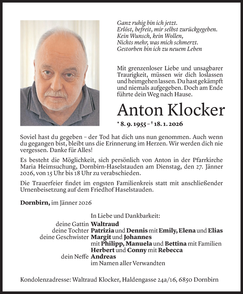  Todesanzeige für Anton Klocker vom 23.01.2026 aus Vorarlberger Nachrichten