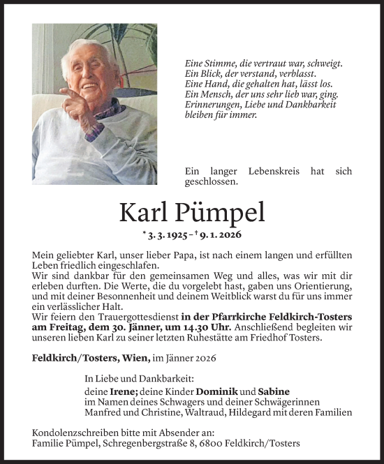 Todesanzeige von Karl Pümpel von Vorarlberger Nachrichten