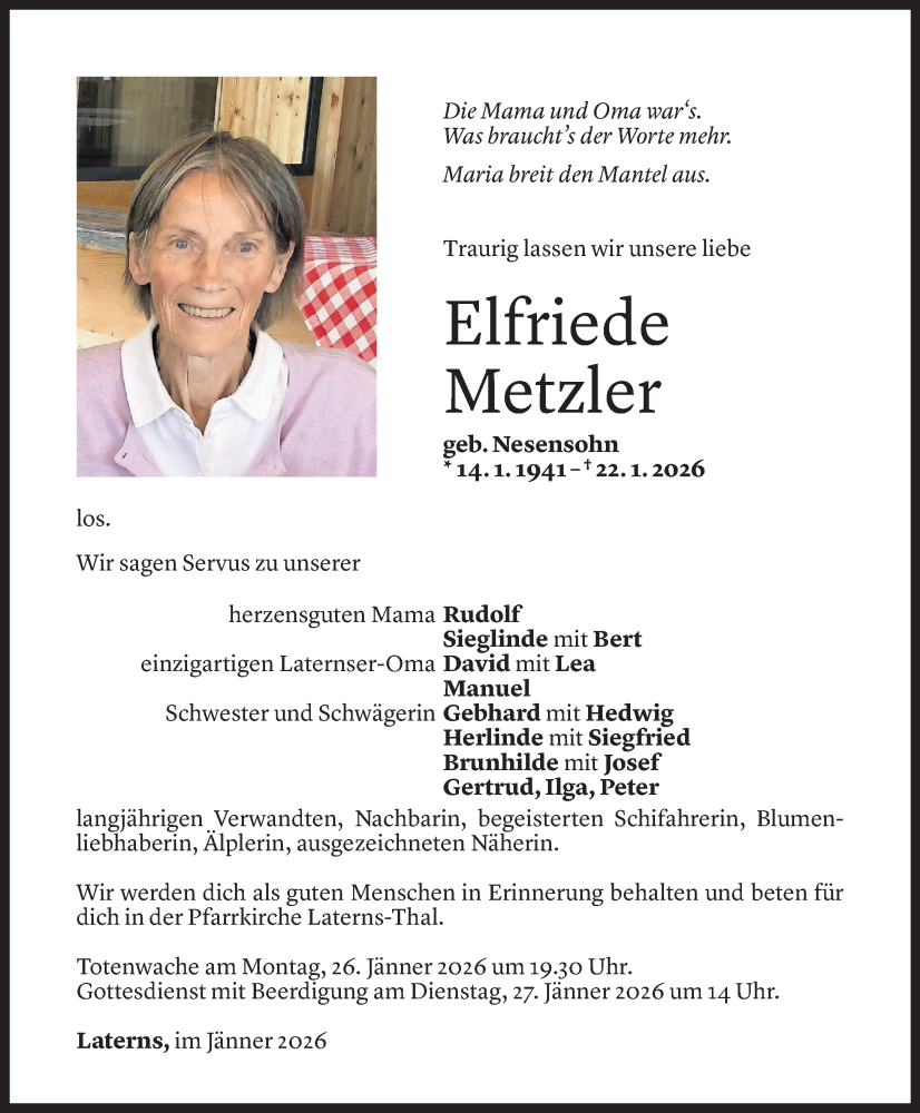  Todesanzeige für Elfriede Metzler vom 25.01.2026 aus VN