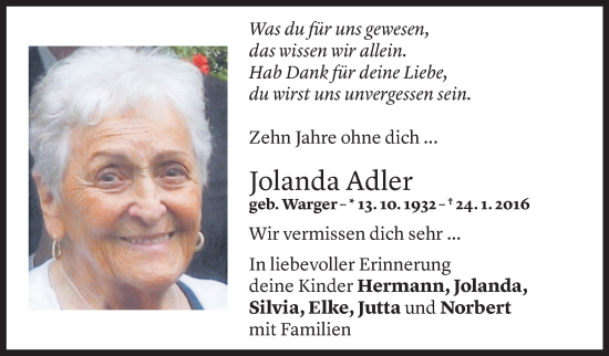 Todesanzeige von Jolanda Adler von Vorarlberger Nachrichten