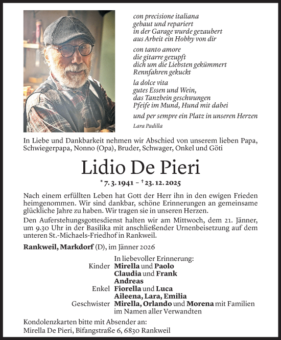 Todesanzeige von Lidio De Pieri von Vorarlberger Nachrichten