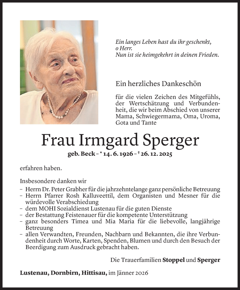  Todesanzeige für Irmgard Sperger vom 25.01.2026 aus Vorarlberger nachrichten