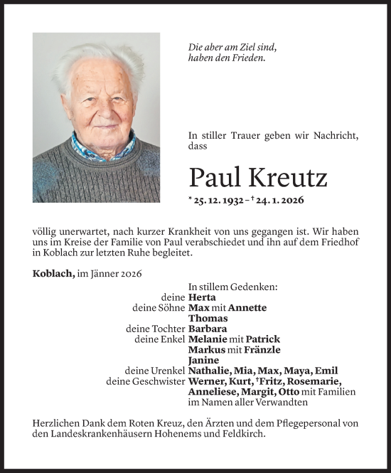 Todesanzeige von Paul Kreutz von Vorarlberger Nachrichten