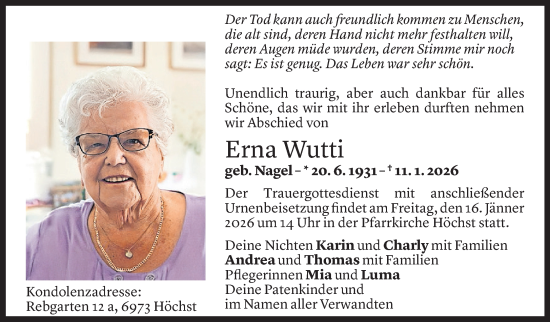 Todesanzeige von Erna Wutti von Vorarlberger Nachrichten
