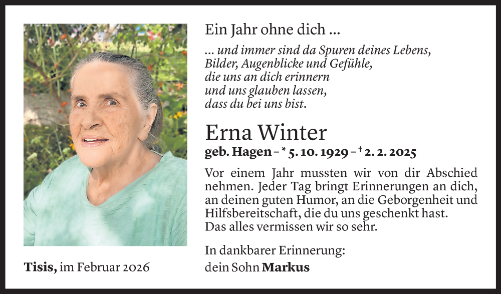  Todesanzeige für Erna Winter vom 31.01.2026 aus Vorarlberger Nachrichten