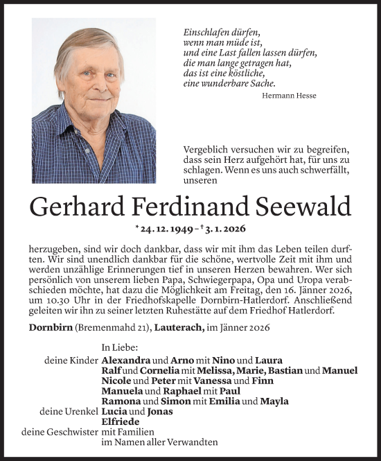 Todesanzeige von Gerhard Ferdinand Seewald von Vorarlberger Nachrichten
