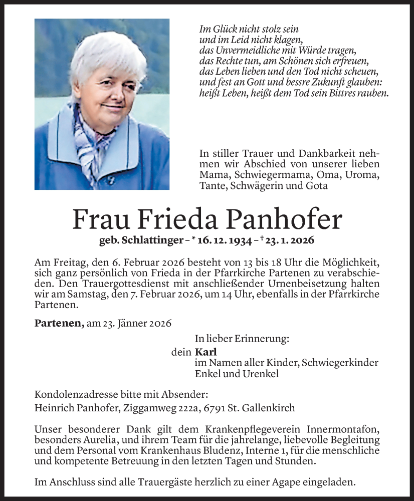  Todesanzeige für Frieda Panhofer vom 31.01.2026 aus Vorarlberger Nachrichten