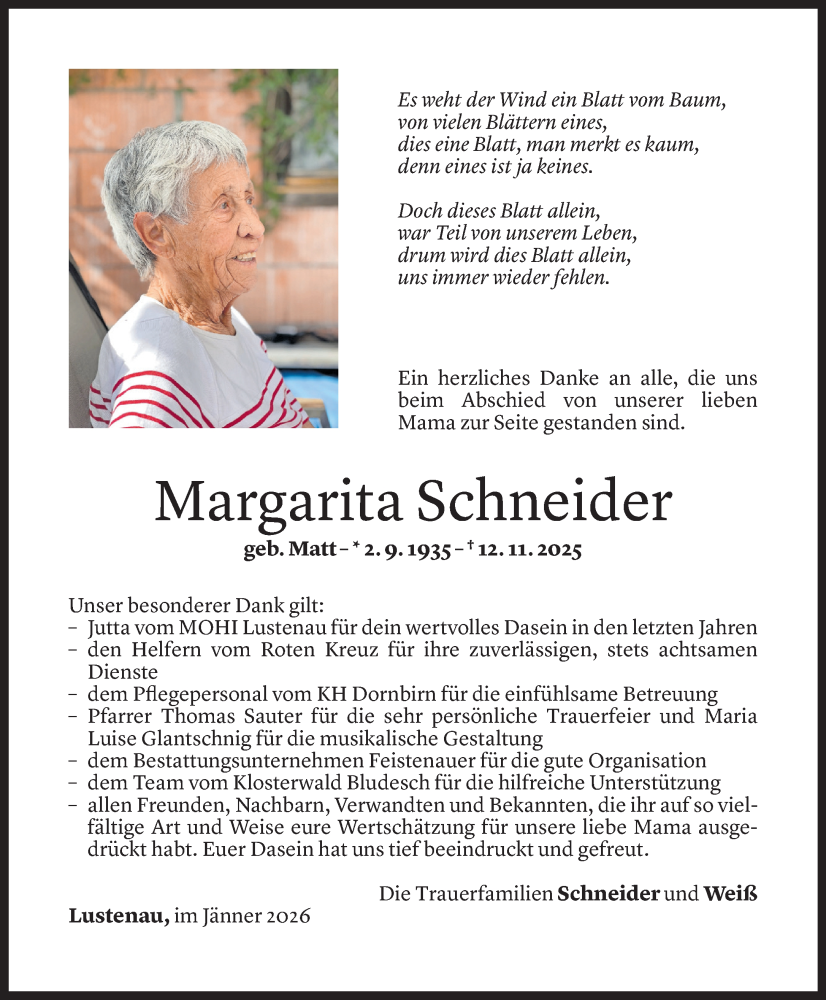  Todesanzeige für Margarita Schneider vom 19.01.2026 aus Vorarlberger Nachrichten