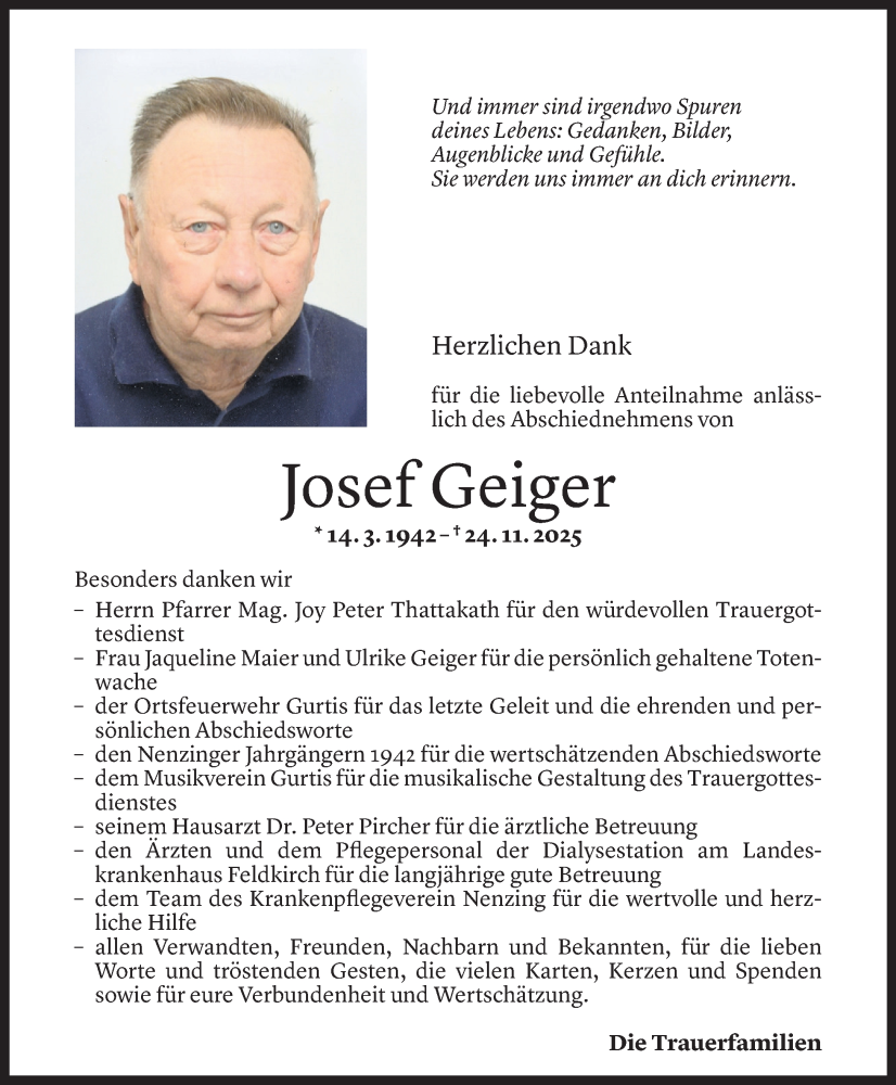  Todesanzeige für Josef Geiger vom 02.01.2026 aus Vorarlberger Nachrichten