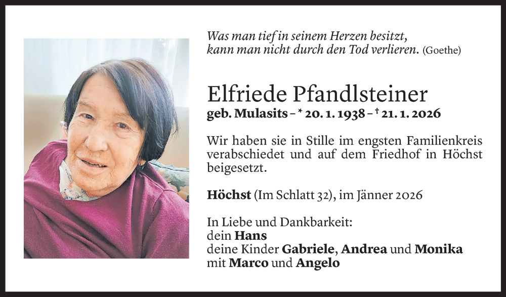  Todesanzeige für Elfriede Pfandlsteiner vom 29.01.2026 aus Vorarlberger Nachrichten