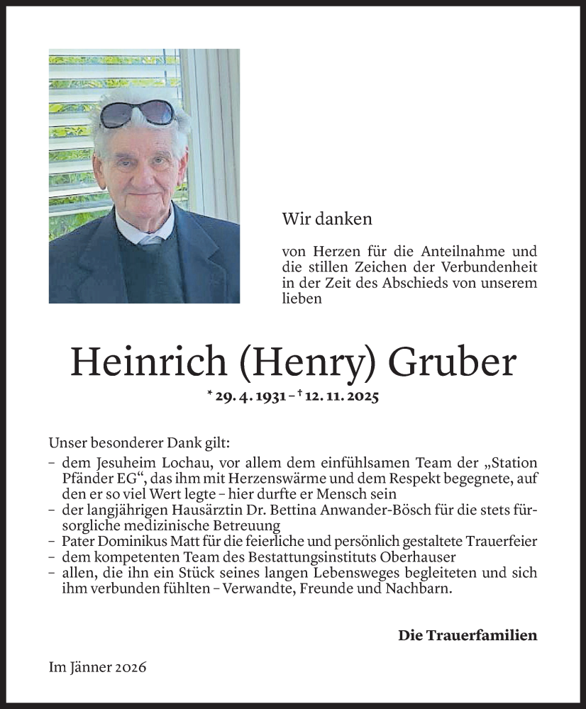  Todesanzeige für Heinrich Gruber vom 09.01.2026 aus Vorarlberger Nachrichten