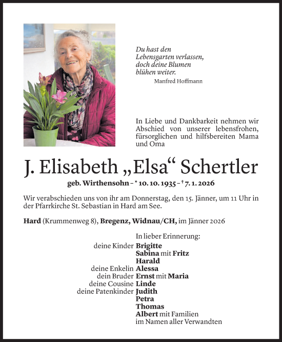 Todesanzeige von J.Elisabeth Schertler von Vorarlberger Nachrichten