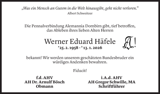 Todesanzeige von Werner Häfele von Vorarlberger Nachrichten