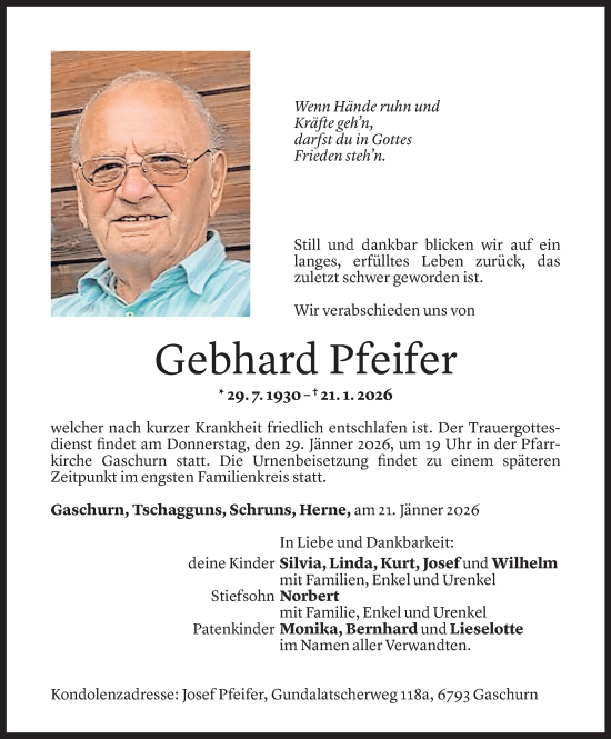 Todesanzeige von Gebhard Pfeifer von Vorarlberger Nachrichten