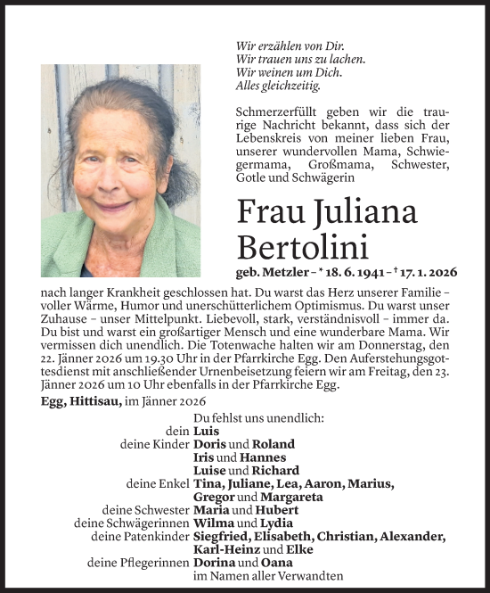 Todesanzeige von Juliana Bertolini von Vorarlberger Nachrichten