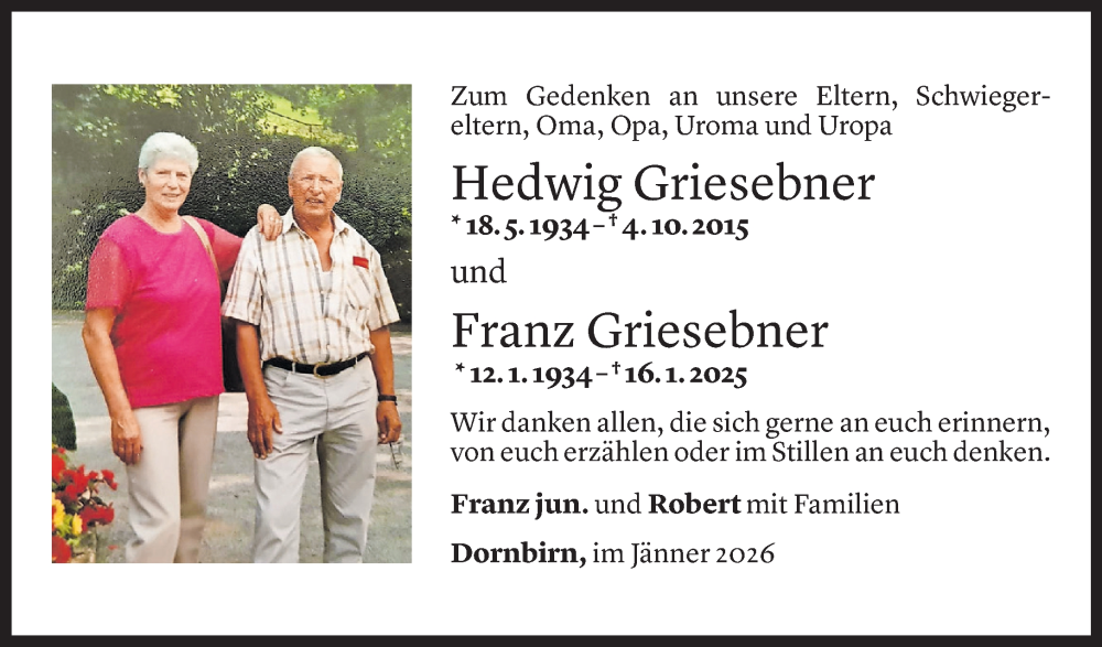  Todesanzeige für Franz Griesebner vom 15.01.2026 aus Vorarlberger Nachrichten