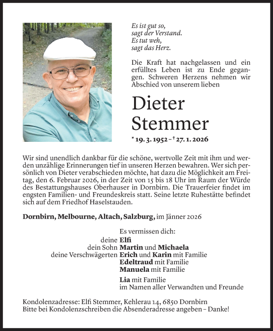 Todesanzeige von Dieter Stemmer von Vorarlberger Nachrichten