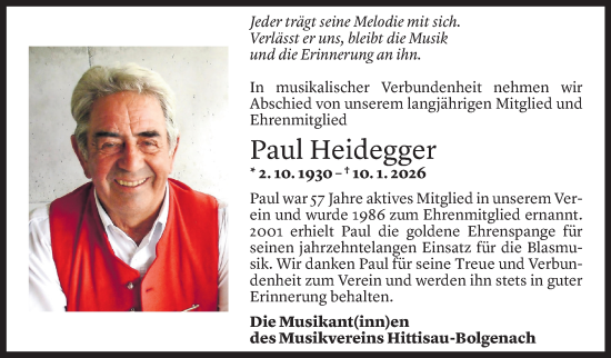 Todesanzeige von Paul Heidegger von Vorarlberger Nachrichten