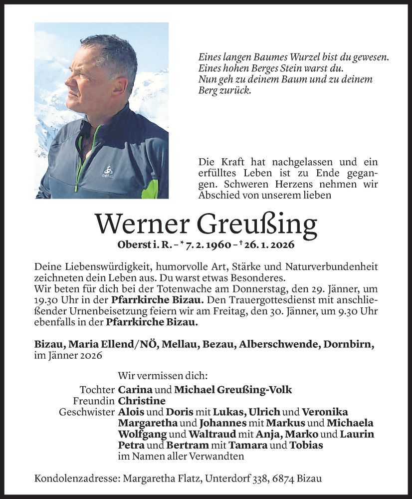  Todesanzeige für Werner Greußing vom 27.01.2026 aus Vorarlberger Nachrichten