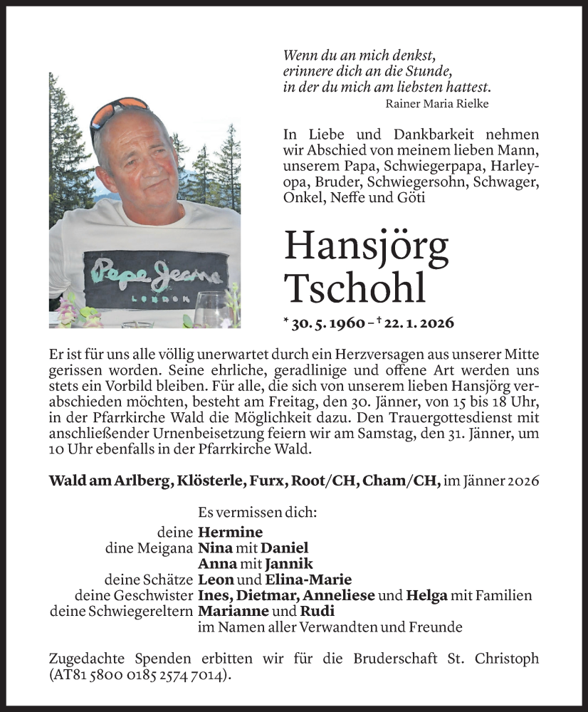  Todesanzeige für Hansjörg Tschohl vom 28.01.2026 aus Vorarlberger Nachrichten