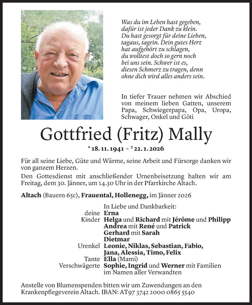  Todesanzeige für Gottfried Mally vom 27.01.2026 aus Vorarlberger Nachrichten
