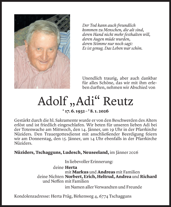 Todesanzeige von Adolf Reutz von Vorarlberger Nachrichten