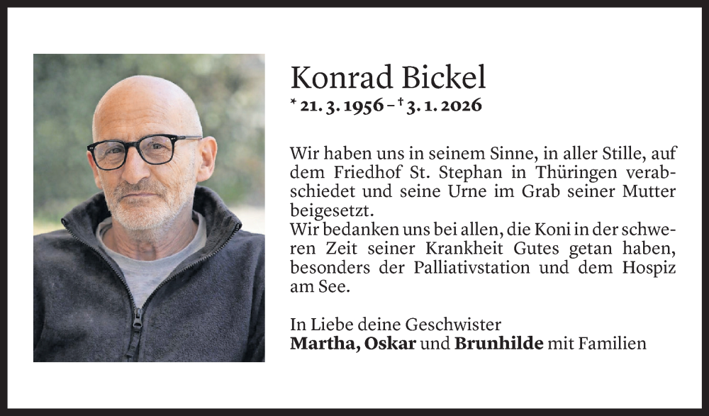  Todesanzeige für Konrad Bickel vom 29.01.2026 aus Vorarlberger Nachrichten