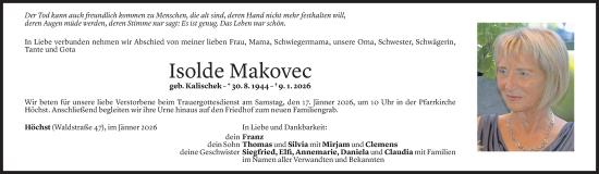 Todesanzeige von Isolde Makovec von Vorarlberger Nachrichten