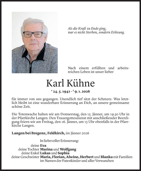 Todesanzeige von Karl Kühne von Vorarlberger Nachrichten