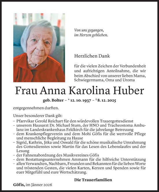 Todesanzeige von Anna Karolina Huber von Vorarlberger Nachrichten